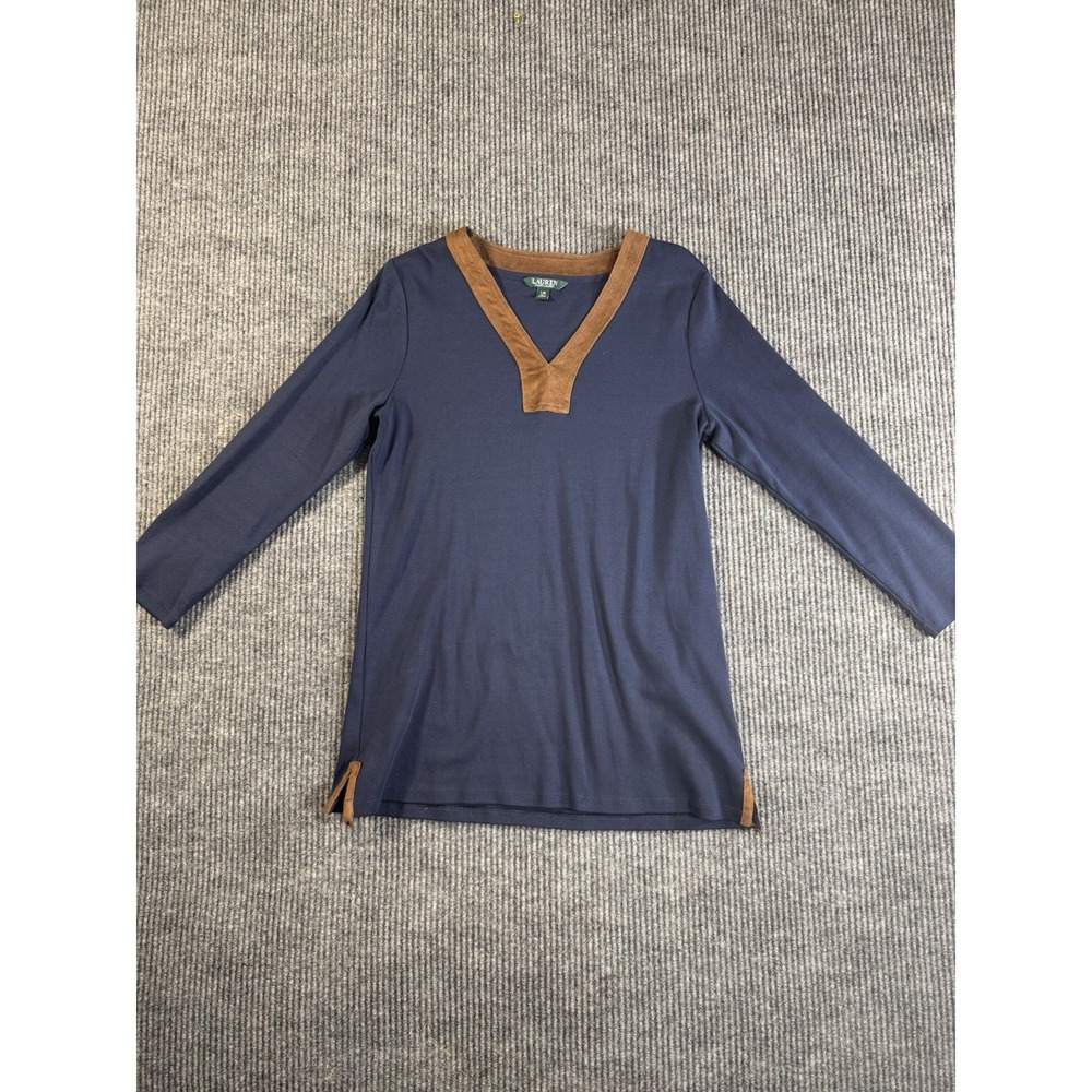 Lauren Ralph Lauren Women's Navy Brown V-Neck Long Sleeve Top Contrast Trim L/G‎